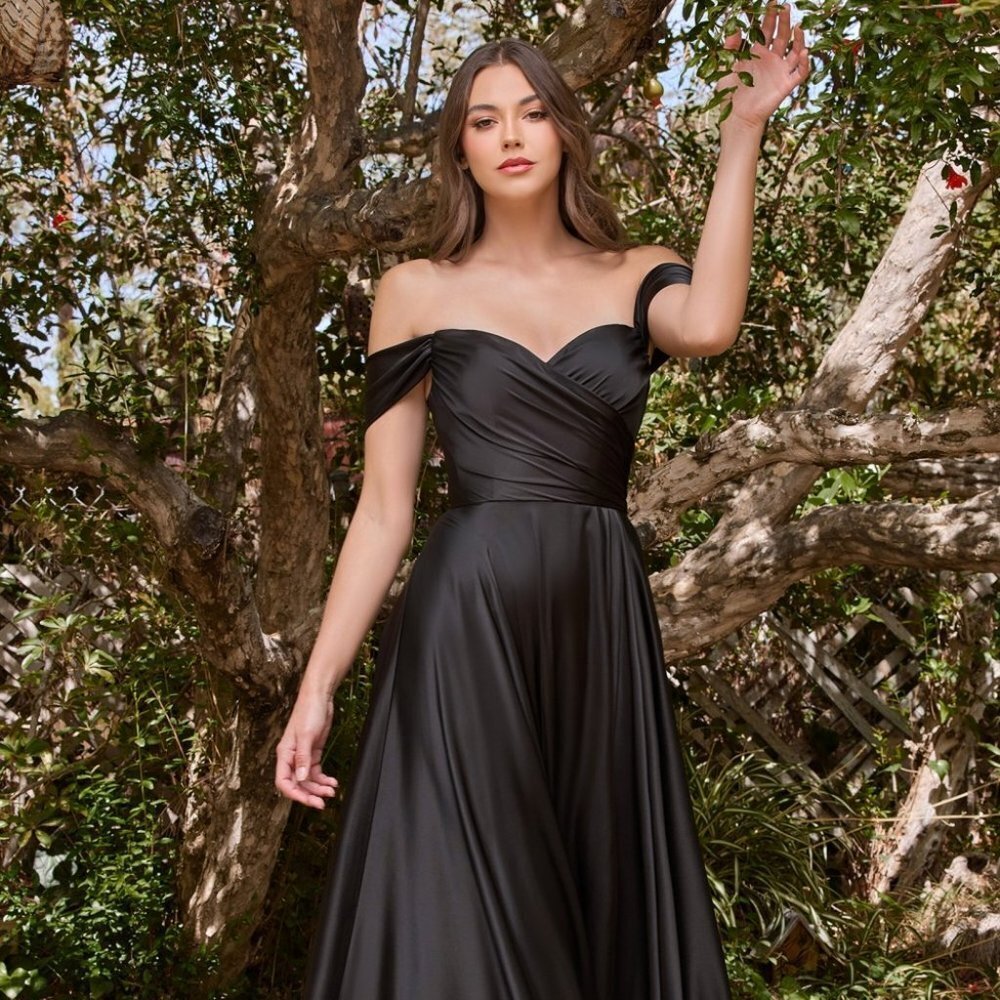 NEW BLACK A-LINE OFF THE SHOULDER SLEEVELESS SATIN DRESS WITH SIDE CD7493
